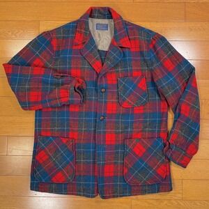Pendleton Wool Plaid Button Up Blazer Jacket Men's Large Red Blue Grey